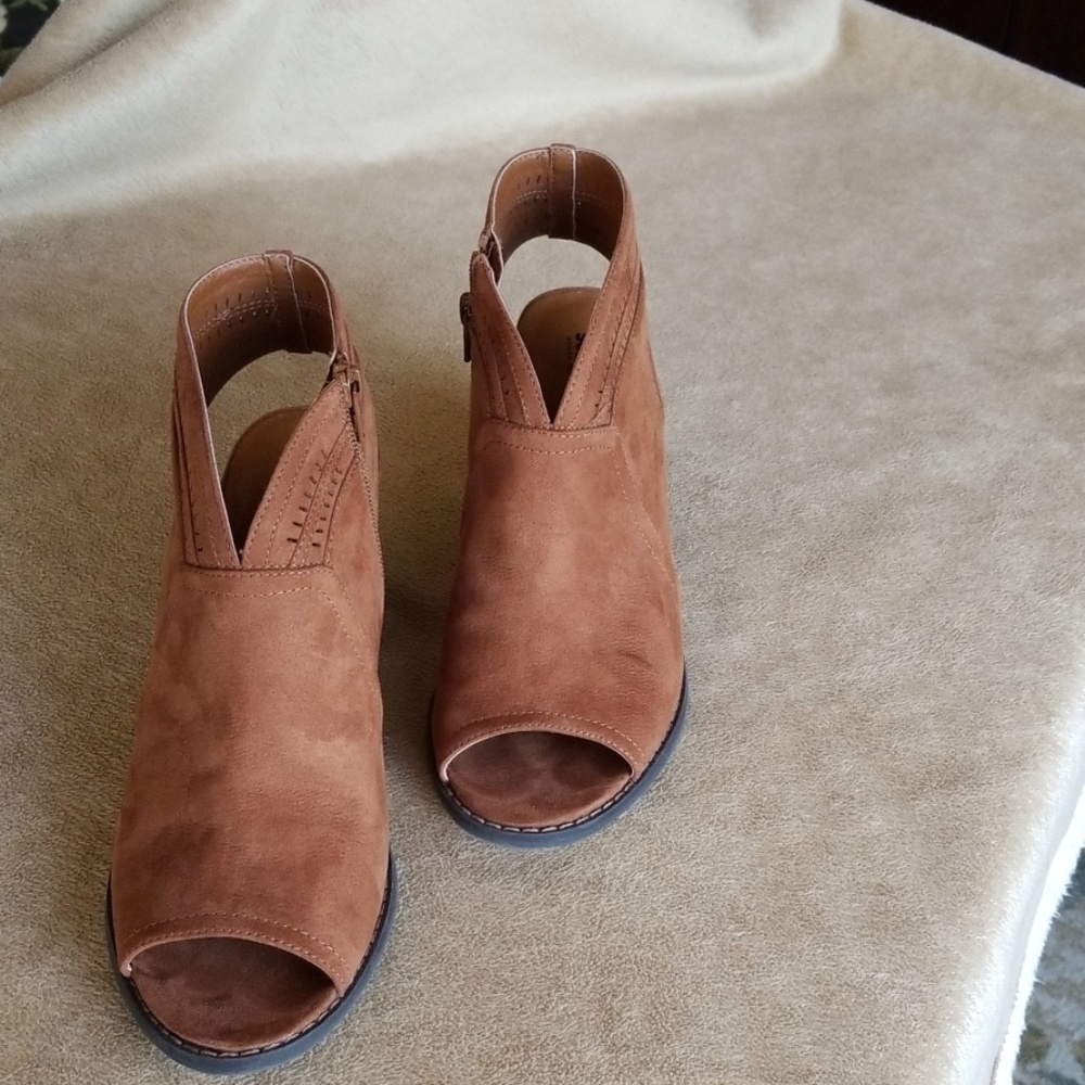 Open-Toe Suede Ankle Booties in Brown